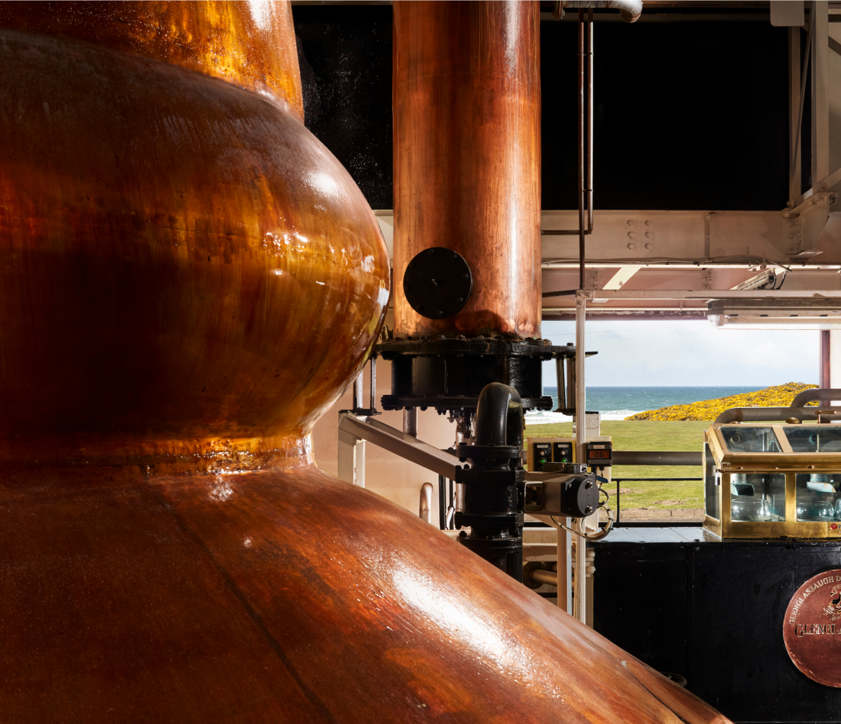 Closer view of the copper casks in the distillery.