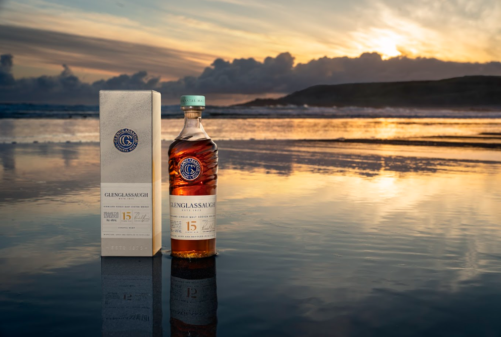 Glenglassaugh 15 on beach with sunset.